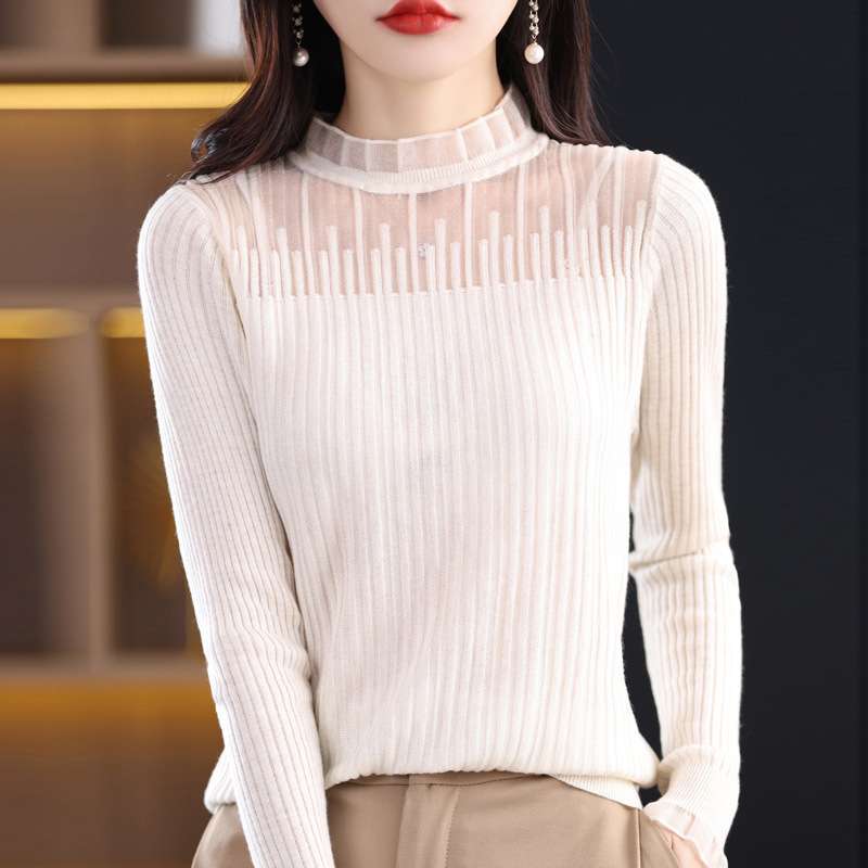 白シャツ　【春秋】シアーメッシュ リブニット トップス
