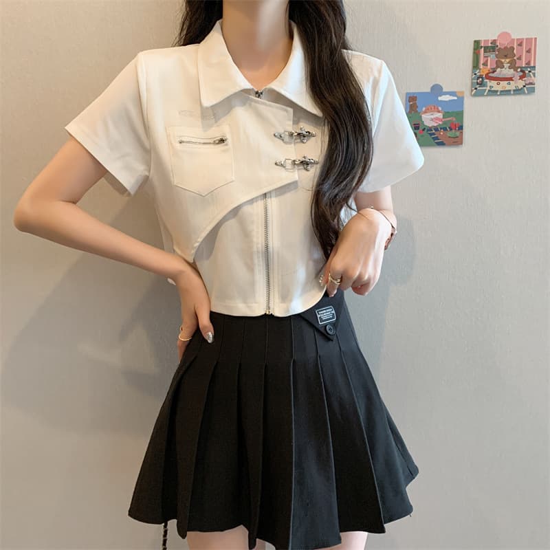 白シャツ　エッジィジップデザインシャツ
