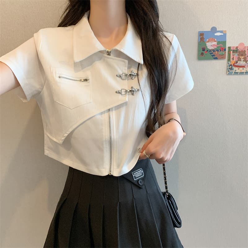 白シャツ　エッジィジップデザインシャツ