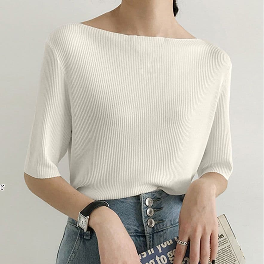 白シャツ 洗練リブニット ボートネックシャツ