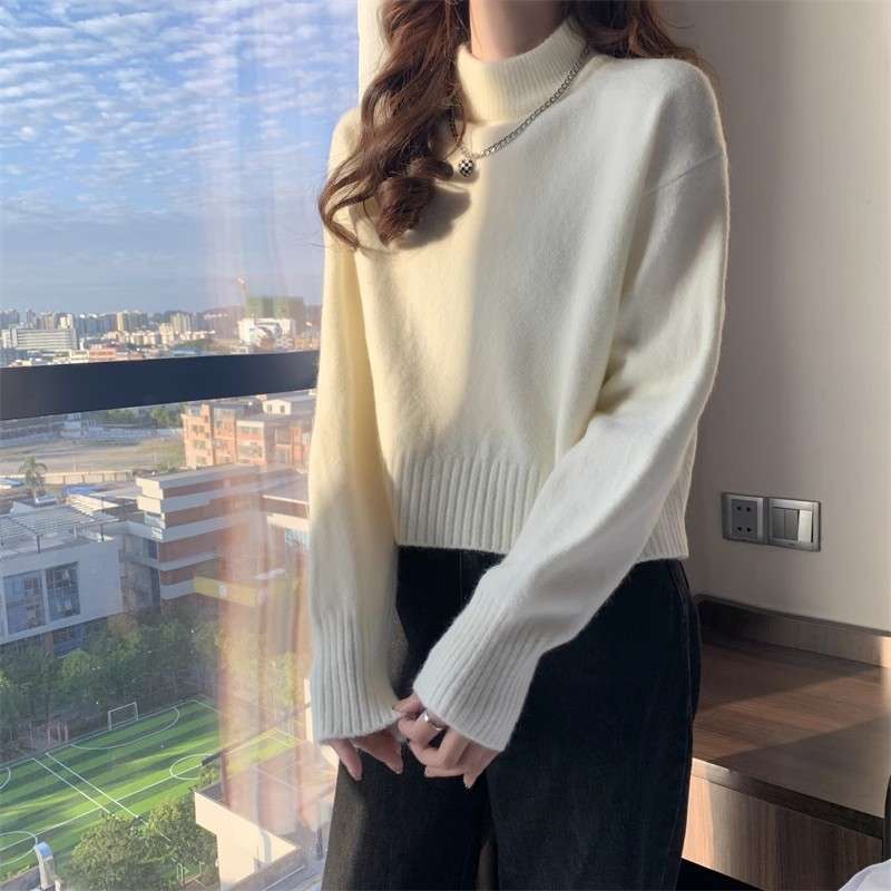 白シャツ　リブモックネックショートニット