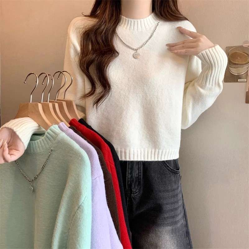 白シャツ　【秋冬】シンプルリブ編みプルオーバー