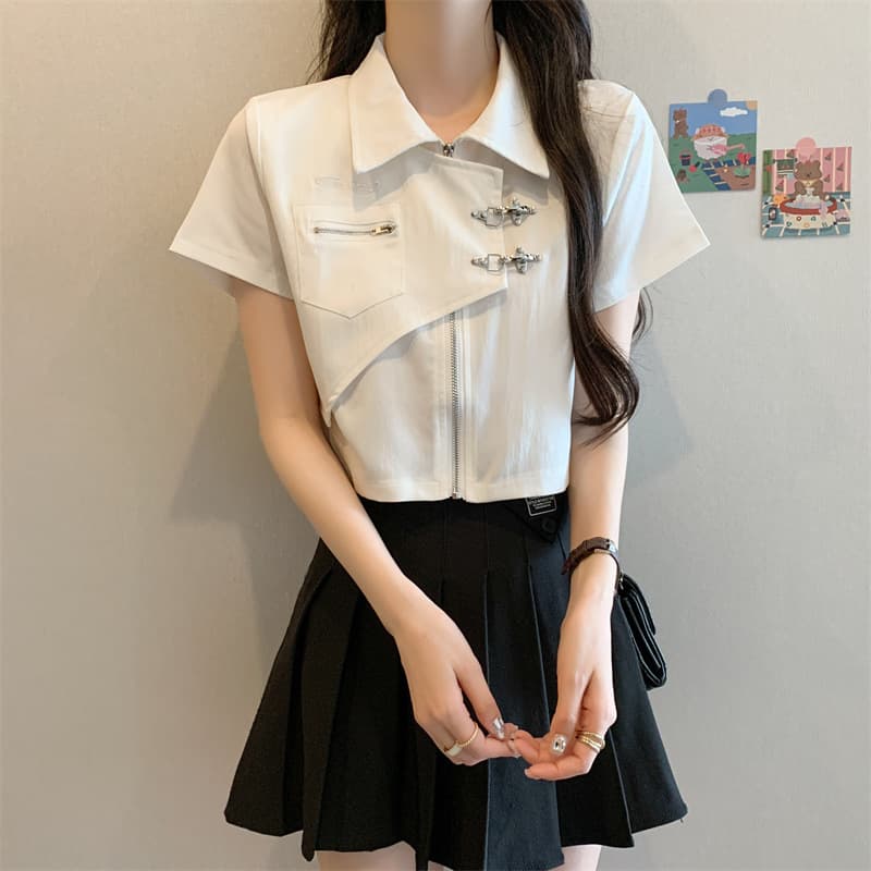 白シャツ　エッジィジップデザインシャツ