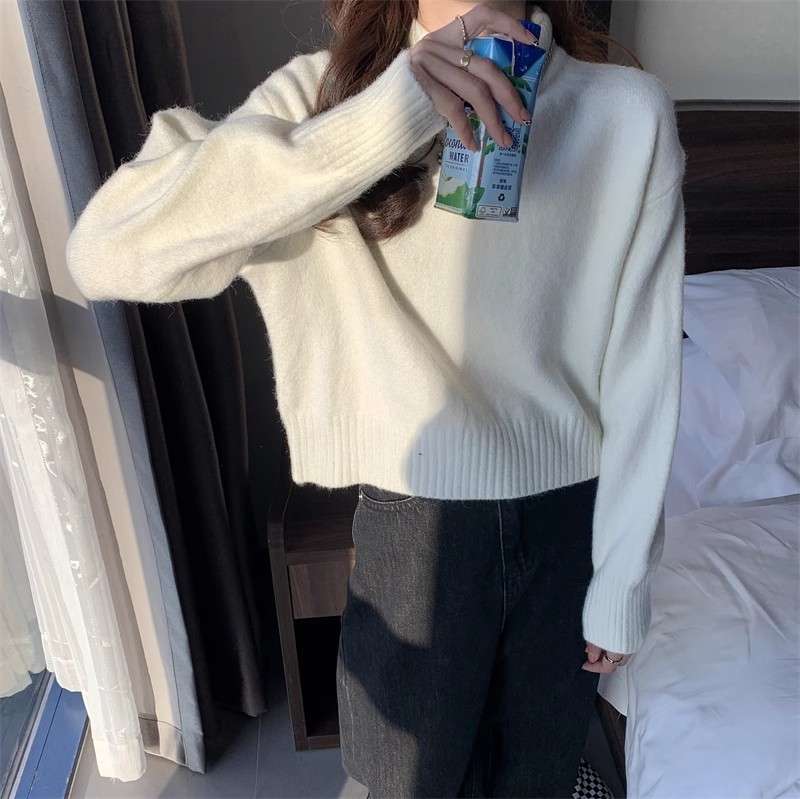 白シャツ　リブモックネックショートニット