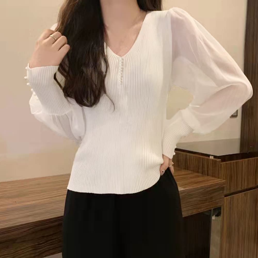 白シャツ シフォン袖リブニット 春秋トップス