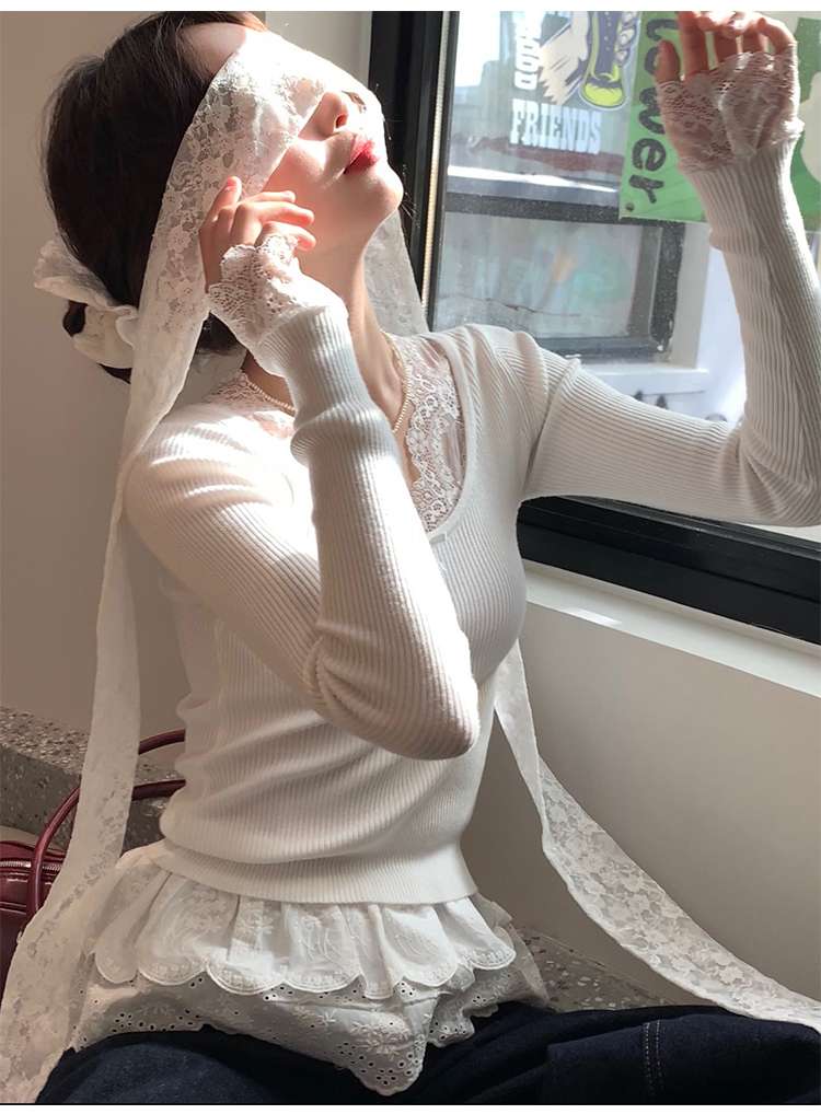 白シャツ　【秋冬】レースリブニットトップス