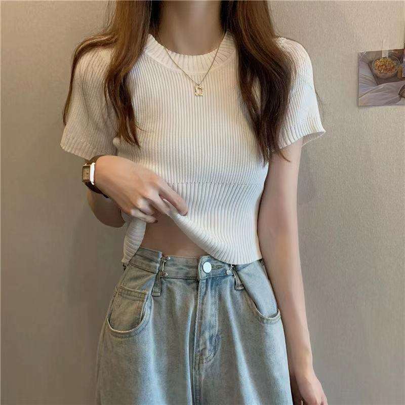 白シャツ　【夏】リブ編みクロップド丈半袖ニット