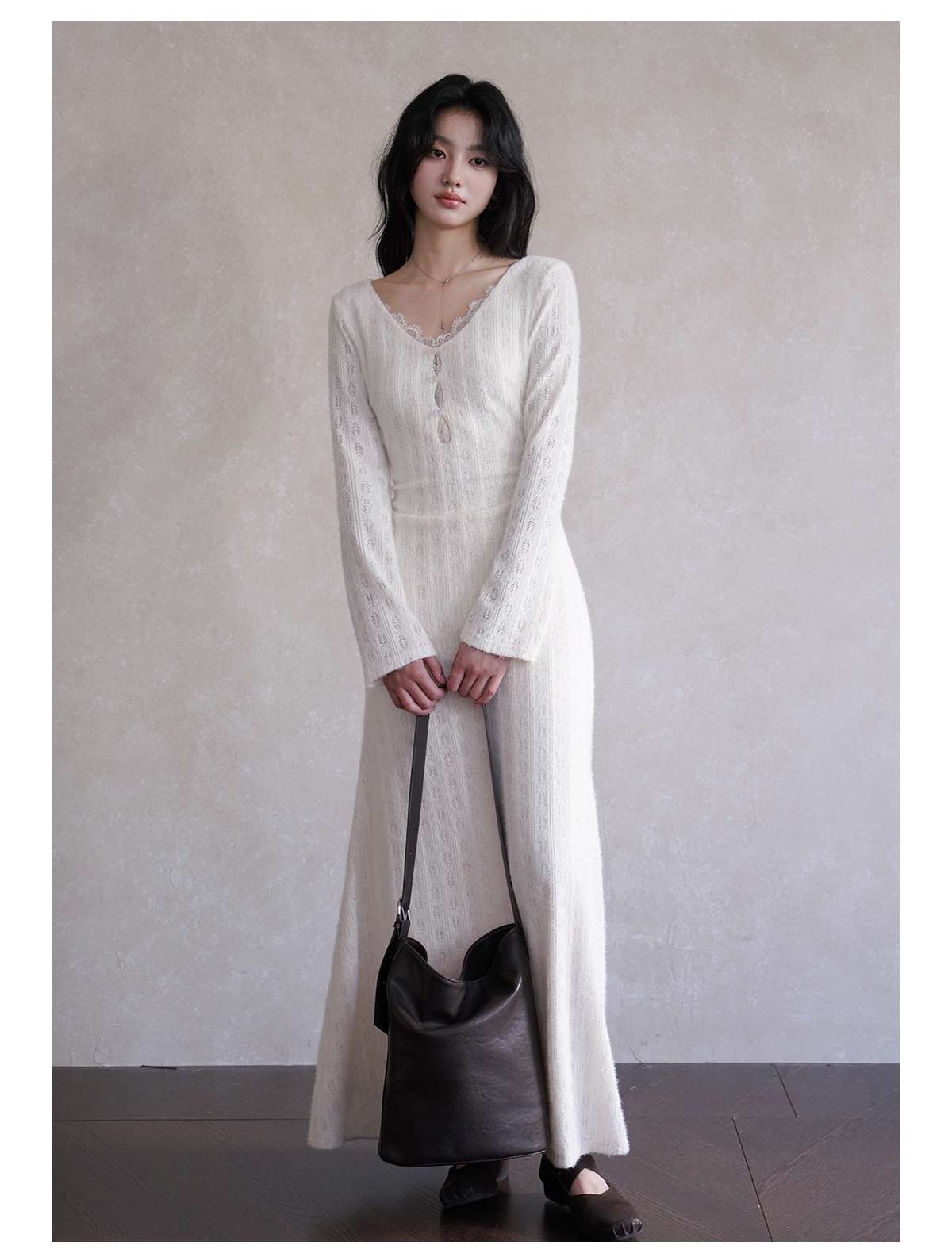 白シャツ　【秋冬】モヘアレース ロングニットワンピース