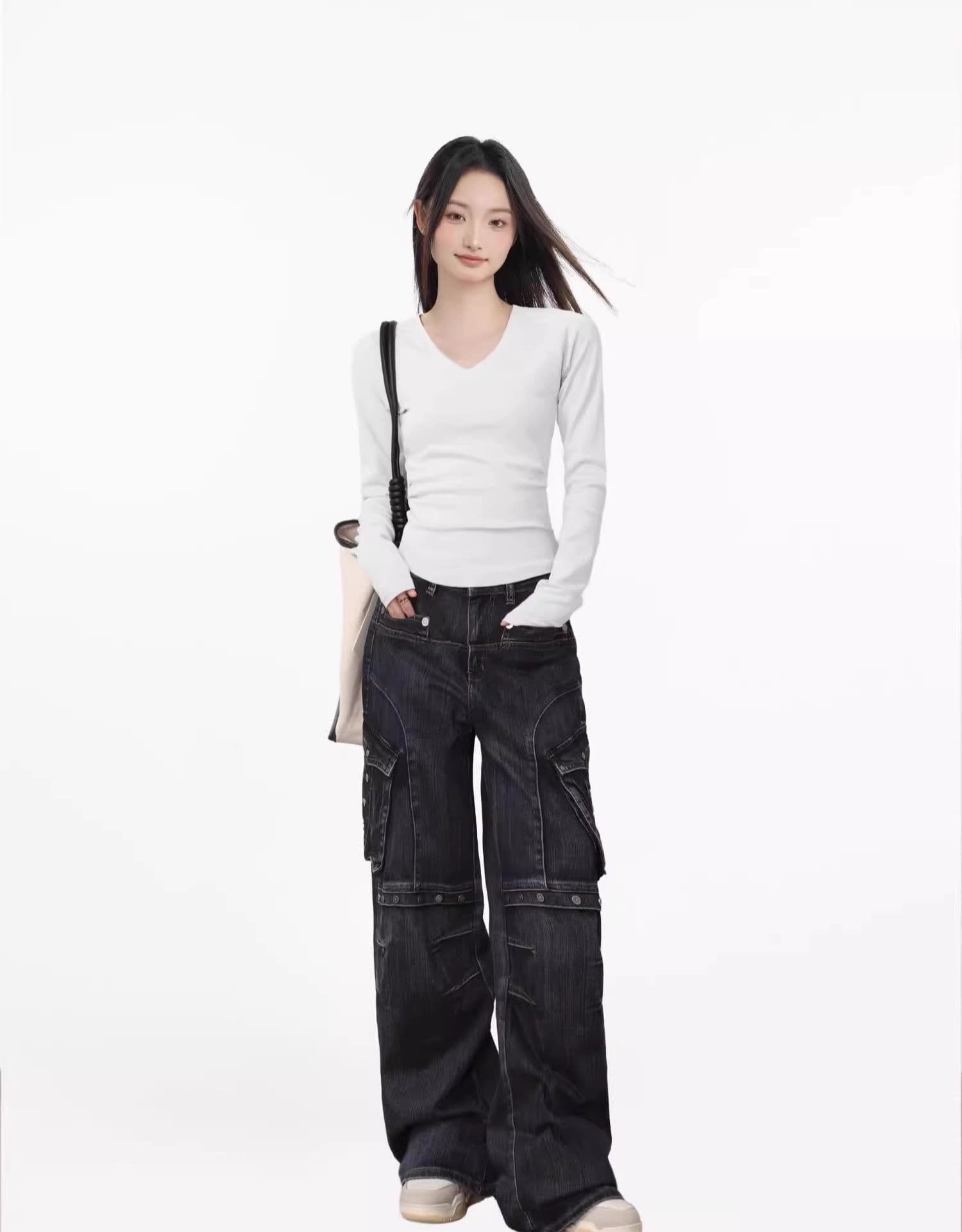 白シャツ　【春秋】シャープリブトップス