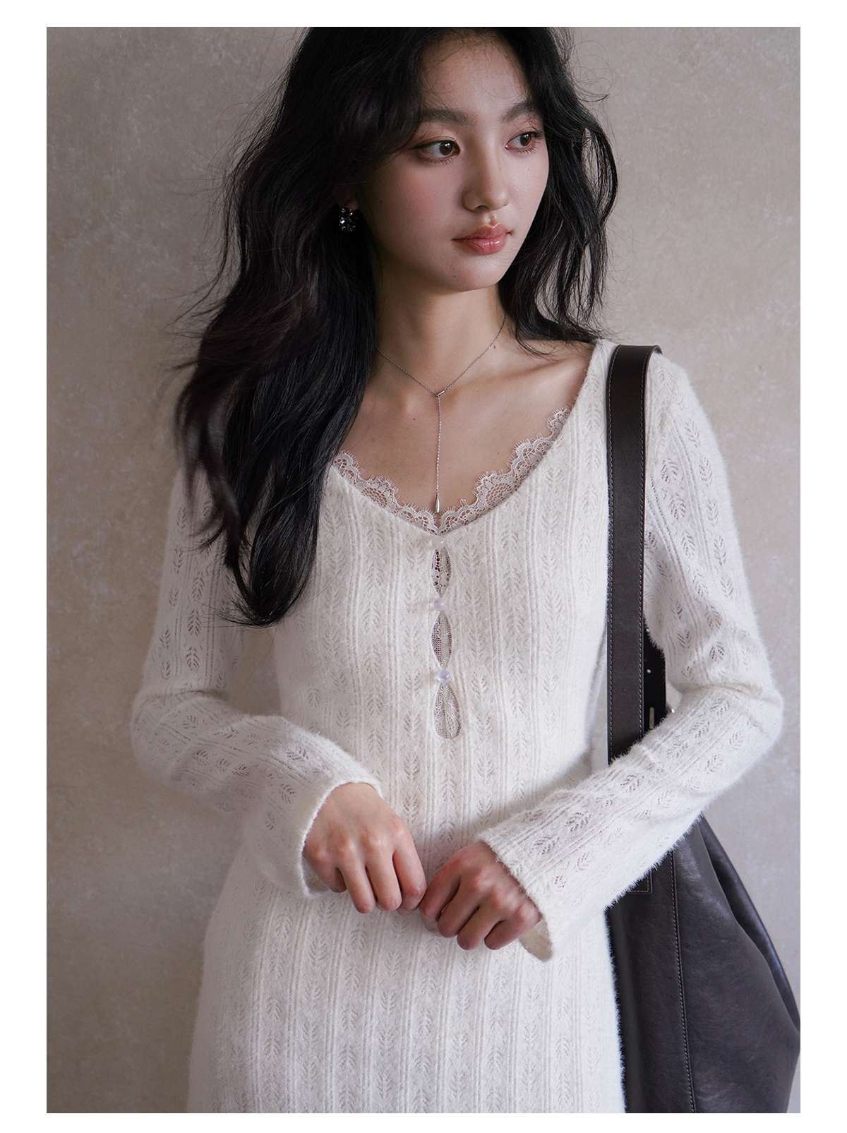 白シャツ　【秋冬】モヘアレース ロングニットワンピース