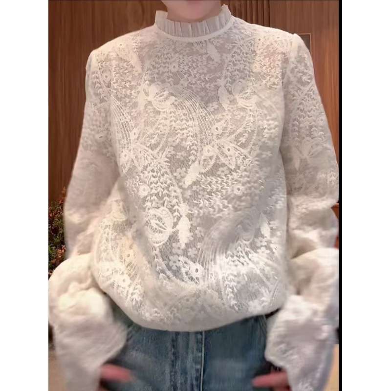白シャツ　フローラルバルーン・レースブラウス