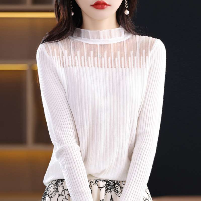白シャツ　【春秋】シアーメッシュ リブニット トップス