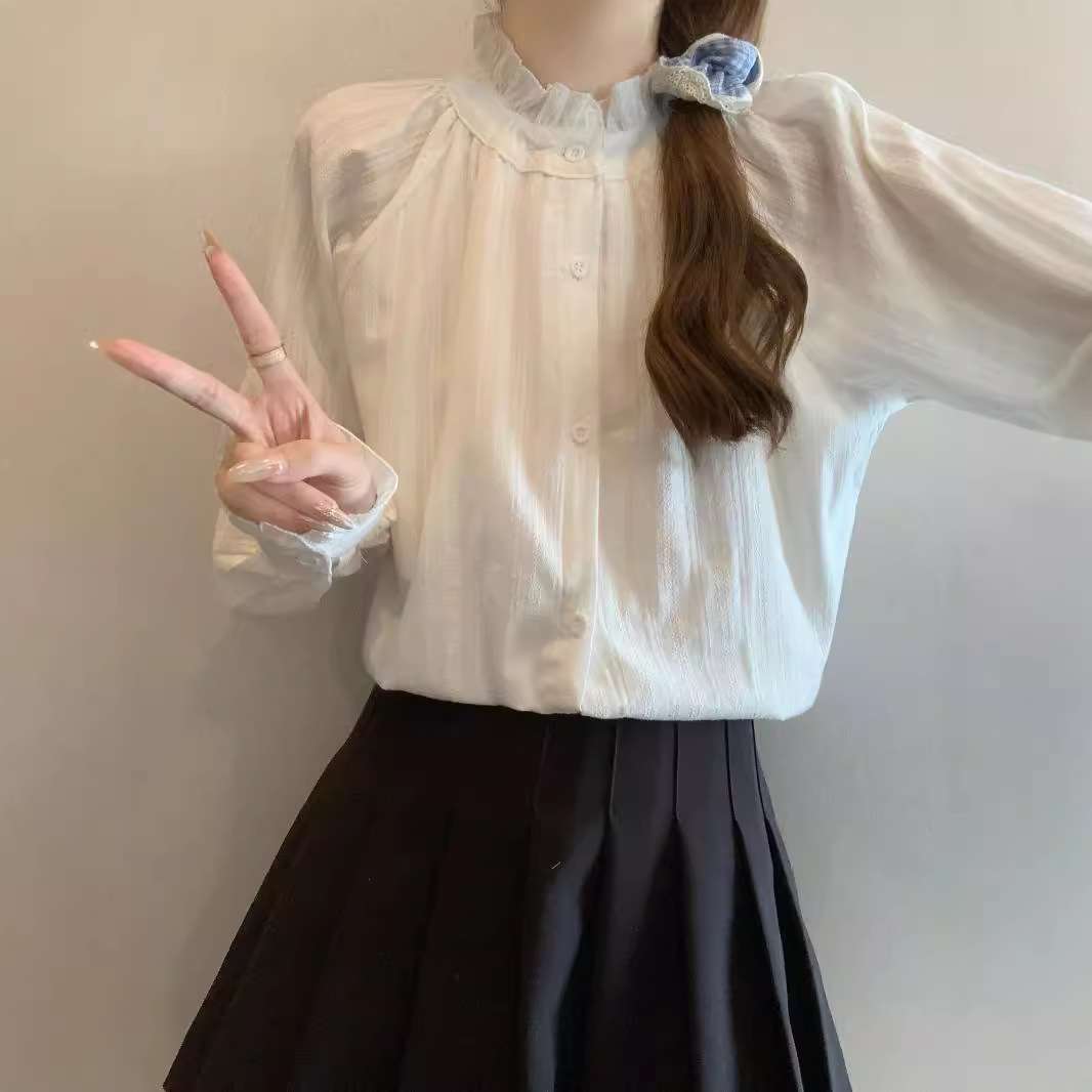白シャツ　エレガンスフリル・ロングスリーブブラウス