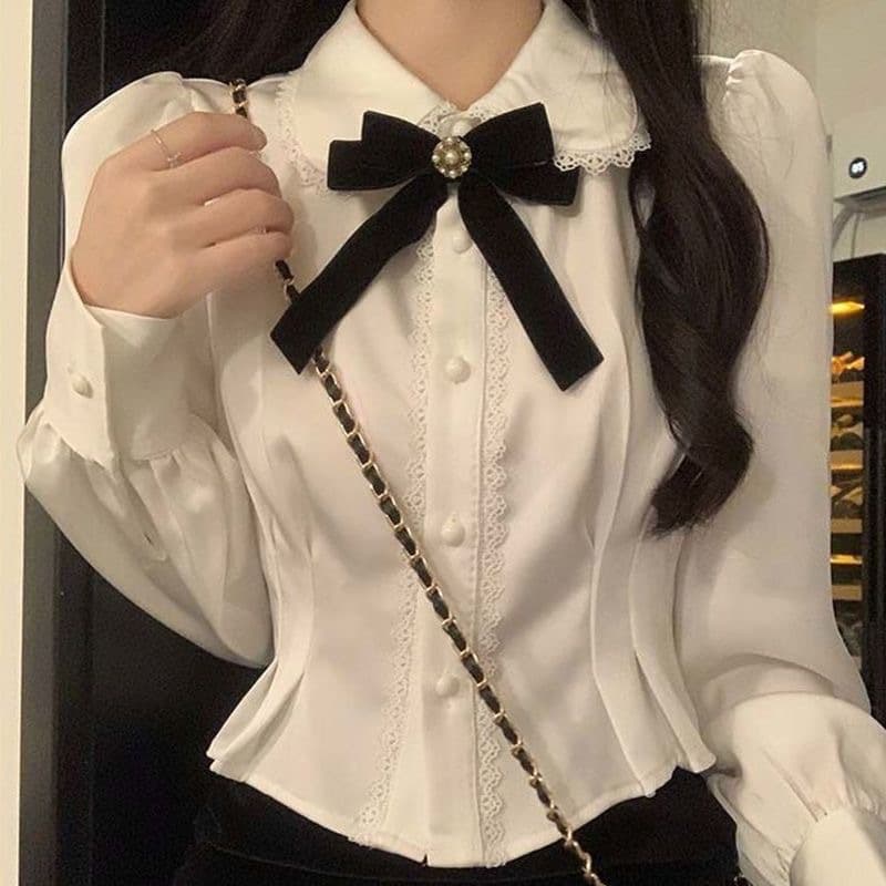 白シャツ 優美リボンタイ付き襟レース白シャツ