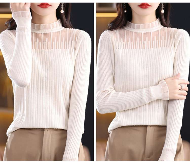 白シャツ　【春秋】シアーメッシュ リブニット トップス