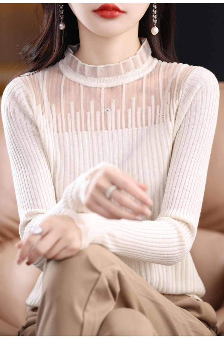 白シャツ　【春秋】シアーメッシュ リブニット トップス