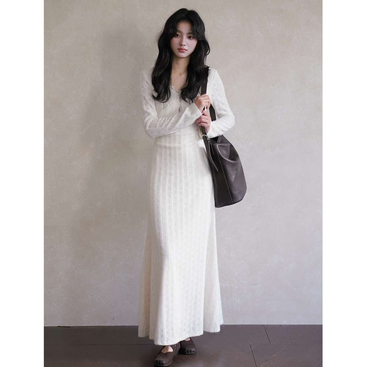 白シャツ　【秋冬】モヘアレース ロングニットワンピース