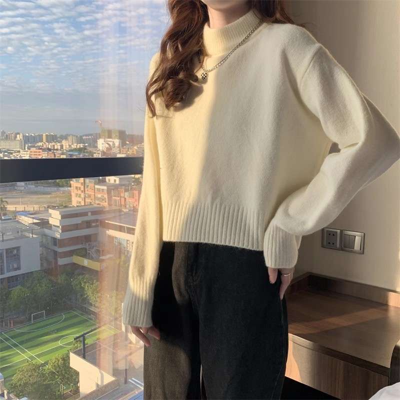 白シャツ　リブモックネックショートニット