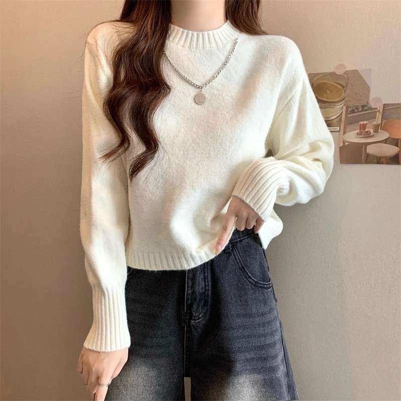 白シャツ　【秋冬】シンプルリブ編みプルオーバー
