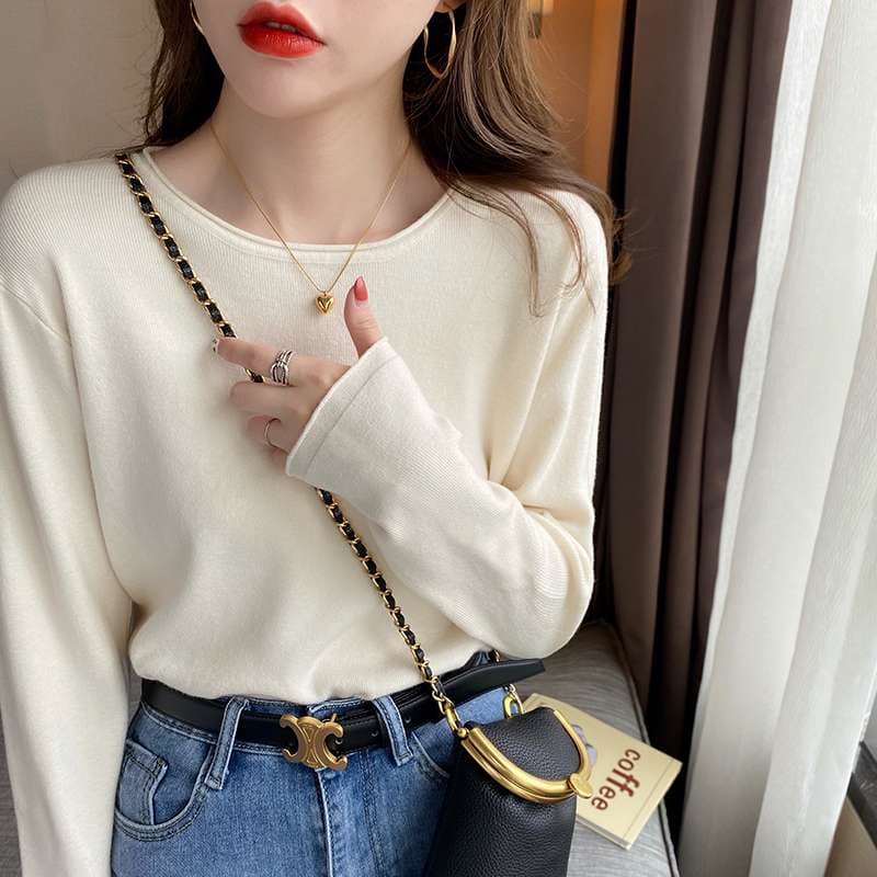 白シャツ　【冬春】シンプルリブニットプルオーバー