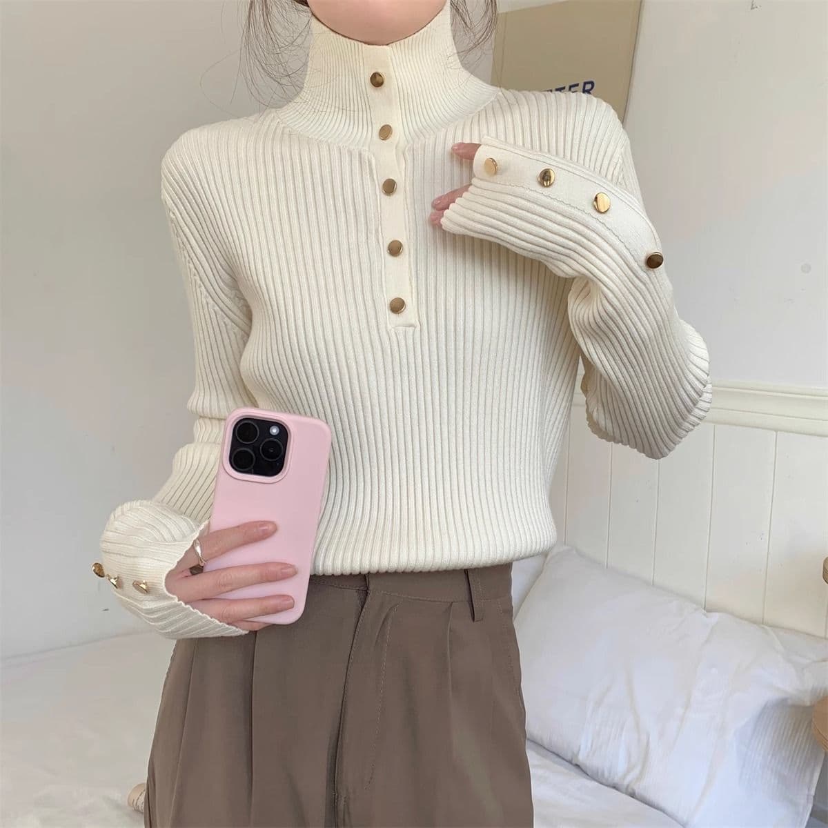白シャツ 【秋冬】ゴールドボタンリブニットシャツ