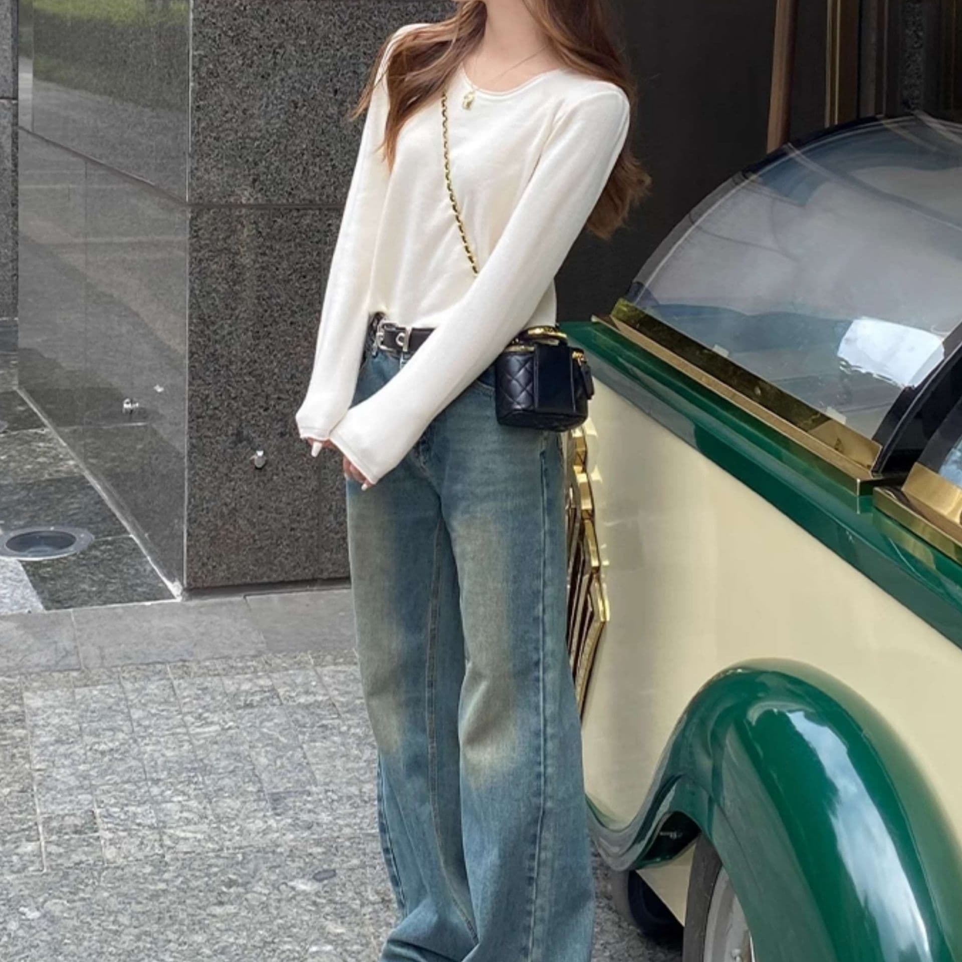 白シャツ 【冬春】シンプルリブニットプルオーバー