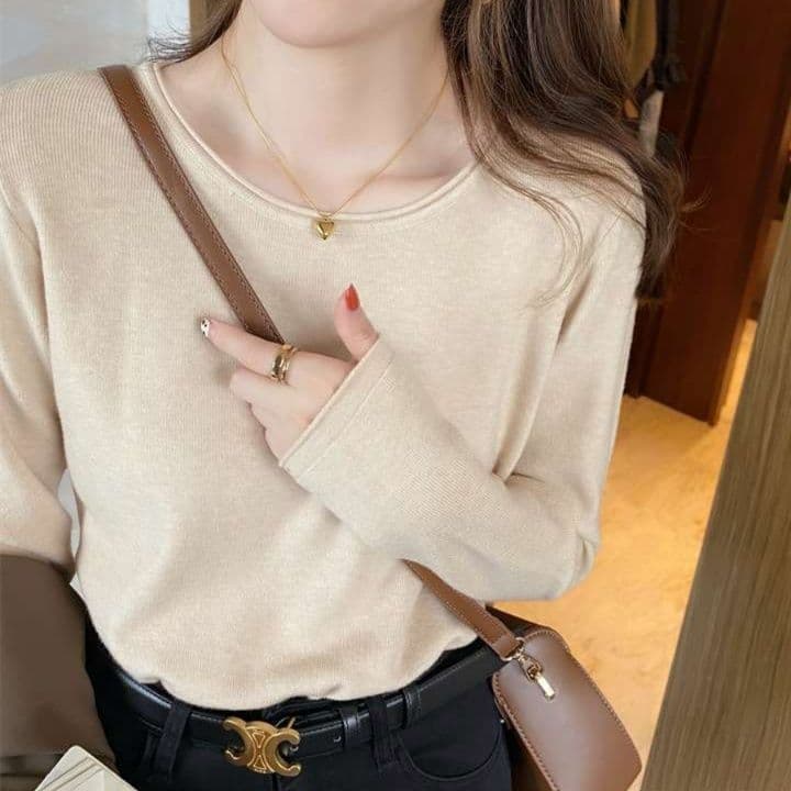 白シャツ 【冬春】シンプルリブニットプルオーバー