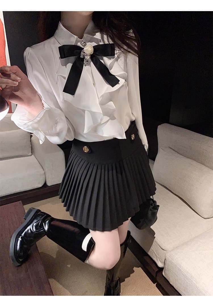 白シャツ パールアクセントリボンシャツ