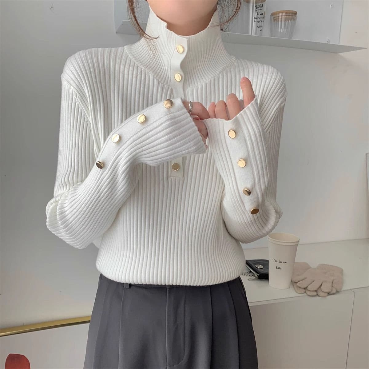 白シャツ 【秋冬】ゴールドボタンリブニットシャツ