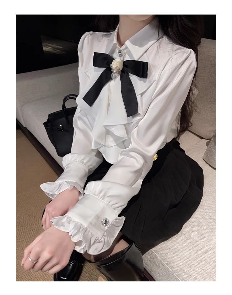 白シャツ パールアクセントリボンシャツ